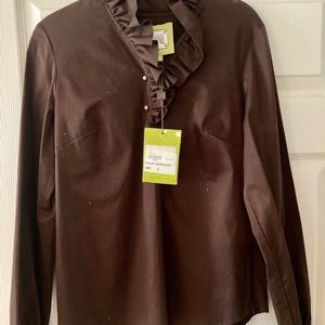 Elizabeth McKay chocolate brownie ruffle neck top. With Tags. Size 6